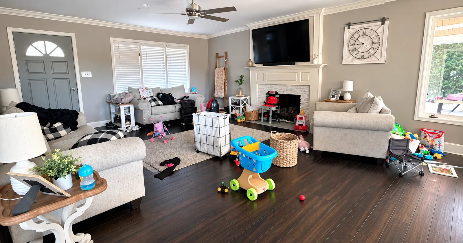 A living room before cleaning, with toys, laundry and clutter across the floor